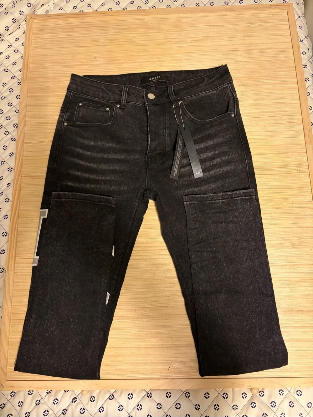 AMIRI Size 29 Black Distressed Logo Patch Skinny Jeans Streetwear Designer Denim - Picture 2 of 10